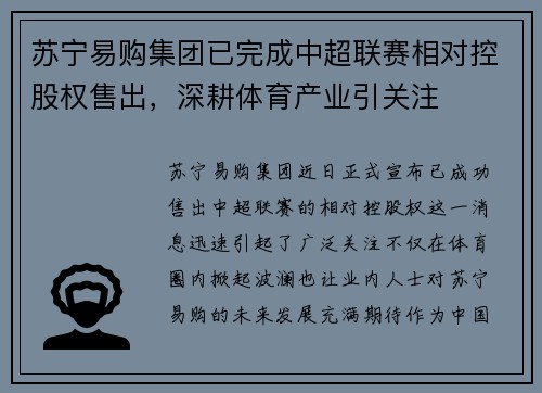 苏宁易购集团已完成中超联赛相对控股权售出，深耕体育产业引关注