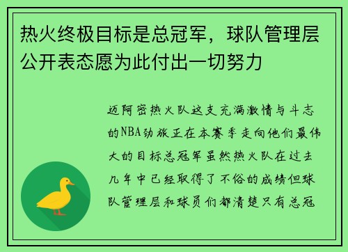 热火终极目标是总冠军，球队管理层公开表态愿为此付出一切努力